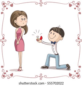 Boyfriend and Girlfriend Getting Engaged Cartoon Illustration - Vector drawing of a boy popping the big question to his girlfriend
