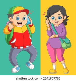 Boyfriend and Girlfriend having a conversation on the telephone of illustration