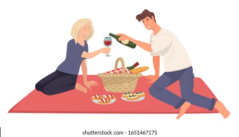 Boyfriend and girlfriend having date outside in park, teenager couple on picnic sitting on blanket. Man and woman eating snacks and drinking wine. Friends spending weekends vacations, vector in flat