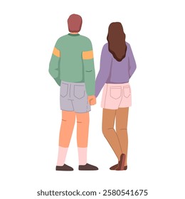 Boyfriend and girlfriend hold hands and walking. Vector flat cartoon character, isolated man and woman on date, couple back. View from behind of girl and boy strolling, romantic evening