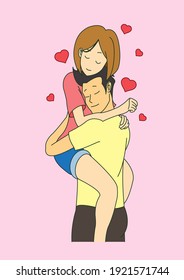 Boyfriend and girlfriend hug and smile. Couple in love on Valentines day. Vector illustration. on pink background. 