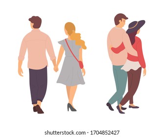 Boyfriend and girlfriend in love vector, man and woman walking cuddling, back view of people on dates, double date of friends spending time together