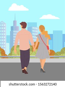 Boyfriend and girlfriend on date in city. Man and woman holding hands walking straight into direction of town. Dating people in love back view of characters. Romantic pair vector in flat style