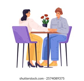 Boyfriend and girlfriend on date sitting in cafe or restaurant. Vector isolated man and woman walking and holding hands, romantic evening of boy and girl, wife and husband spending time together