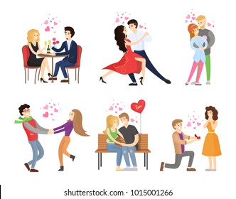 Boyfriend and girlfriend rest in restaurant, dance tango, embrace and merrily hugs on bench, man makes proposal to woman vector illustration isolated set