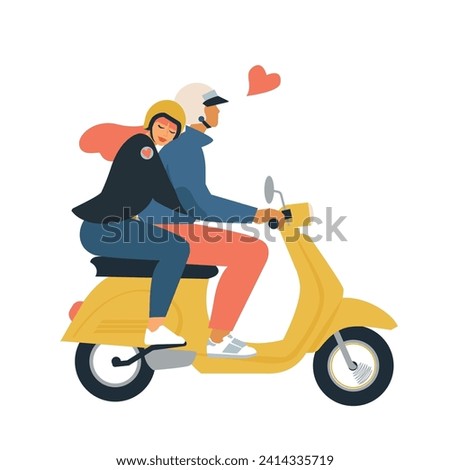 Boyfriend and girlfriend riding flat vector illustration. Male and female cartoon characters on romantic date. Couple in love driving transport design element. Happy man and woman road trip.