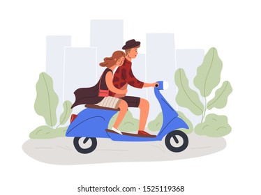 Boyfriend and girlfriend riding scooter flat vector illustration. Male and female cartoon characters on romantic date. Couple in love driving urban transport design element. Man and woman road trip.