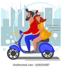 boyfriend and girlfriend riding scooter flat vector illustration. male and female cartoon characters on romantic date. Couple in love driving urban transport design element. Man and woman road trip