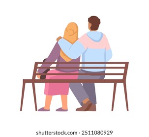 Namorado e namorada sentados no banco. Personagem de desenho animado plano vetor, casal isolado de volta, homem e mulher no encontro desfrutando companhia um do outro. Namoro pessoas no amor, personagens amados