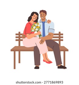 Boyfriend and girlfriend sitting on bench and hugging, isolated people in love on date. Vector male and female cartoon characters dating. Man and woman couple resting, beloved people on weekend