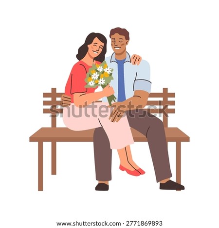 Boyfriend and girlfriend sitting on bench and hugging, isolated people in love on date. Vector male and female cartoon characters dating. Man and woman couple resting, beloved people on weekend