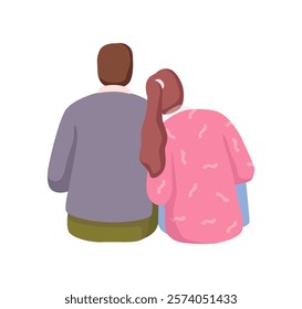 Boyfriend and girlfriend sitting, woman leaning head on shoulder. Vector flat cartoon character, isolated couple back, people in love on date resting and talking. Man and woman beloved personages