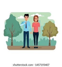 Boyfriend and girlfriend smiling in the city park scenery cartoon ,vector illustration.