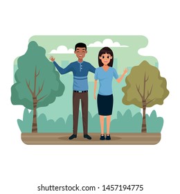 Boyfriend and girlfriend smiling in the city park scenery cartoon ,vector illustration.