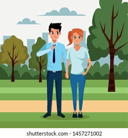 Boyfriend and girlfriend smiling in the city park scenery cartoon ,vector illustration.