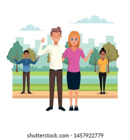 Boyfriend and girlfriend smiling in the city park scenery cartoon ,vector illustration.