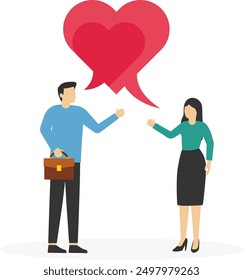 Boyfriend and girlfriend speak through megaphone with love heart shape. lover couple telling I love you. Flat vector illustration.

