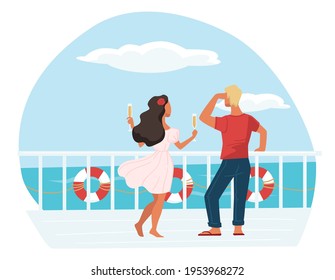 Boyfriend and girlfriend spending vacation or weekends on cruise liner. Man and woman drinking champagne standing on deck by sea or ocean. Honeymoon or holiday celebration. Vector in flat style