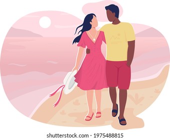 Boyfriend and girlfriend walk in beach 2D vector web banner, poster. Interracial couple on vacation flat characters on cartoon background. Ocean resort printable patch, colorful web element