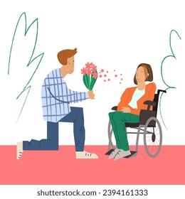 Boyfriend gives flowers to a girl in wheelchair. Valentines day illustration 