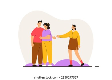 Boyfriend gives the hand to the girl standing next to his girlfriend. Love triangle. Jealousy, mistrust, betrayal, cheating concept. Modern flat vector illustration