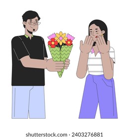 Boyfriend giving bouquet flowers to girlfriend line cartoon flat illustration. Arab couple heterosexual 2D lineart characters isolated on white background. Romantic scene vector color image