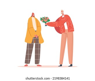 Boyfriend Giving Flowers to Girlfriend. Couple Love, Dating, Meet Up. Man Give Present Bouquet to Cute Surprised Girl for Happy Birthday, Valentine Day Holiday. Cartoon Vector Illustration