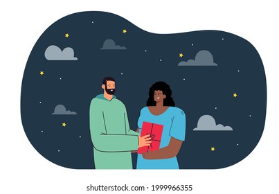 Boyfriend giving present to girlfriend flat vector illustration. Starry night sky in background. Diversity couple, love, romantic relationship concept for banner, website design or landing web page