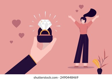 Boyfriend hand stands proposing marriage giving engagement diamond ring to beautiful surprised woman. Man gives girl gold wedding ring with brilliant. Lovers, dating. flat vector illustration