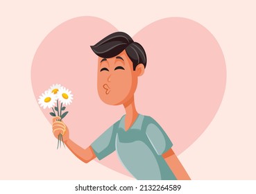 
Novio sosteniendo una ilustración de un vector de Bouquet floral. Hombre haciendo un gesto romántico tratando de atraer a su novia
