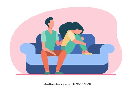 Boyfriend Holding Shoulder And Consoling Sad Woman. Family Member Giving  Support On Sofa, Flat Vector Illustration. Depression And Melancholy Concept For Banner, Website Design Or Landing Web Page