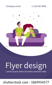 Boyfriend Holding Shoulder And Consoling Sad Woman. Sofa, Family, Support Flat Vector Illustration. Depression And Melancholy Concept For Banner, Website Design Or Landing Web Page