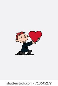 Boyfriend holds a huge heart, kneeling, offering it. Vector isolated character.
