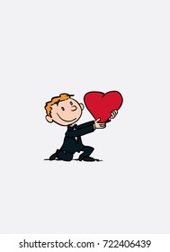 Boyfriend holds a huge heart, kneeling, offering it. Vector isolated character.
