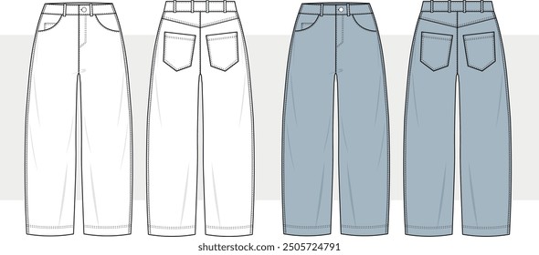 Boyfriend Jeans, Mom fit Jeans, Low Rise Denim Front and Back View. Fashion Flat Sketch Vector Illustration, Technical Drawing, Flat Drawing.