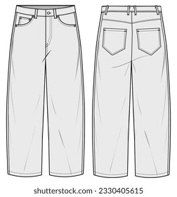 Boyfriend Jeans, Mom-fit Jeans, Low Rise Cropped Denim Front and Back View. Fashion Flat Sketch Vector Illustration, CAD, Technical Drawing, Flat Drawing, Template, Mockup.