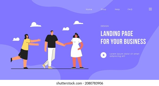 Boyfriend leaving for another girl flat vector illustration. Woman trying to save relationship. Love, betrayal, unfaithfulness, infidelity concept for banner, website design or landing web page