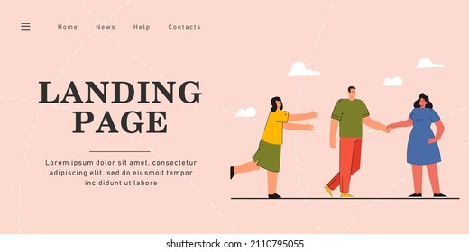 Boyfriend leaving for another girl flat vector illustration. Woman trying to save relationship. Love, betrayal, unfaithfulness, infidelity concept for banner, website design or landing web page