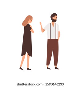 Boyfriend leaving girlfriend flat vector illustration. Depressed woman following indifferent partner cartoon characters. Husband saying goodbye, farewell gesture to wife. Couple breakup concept.