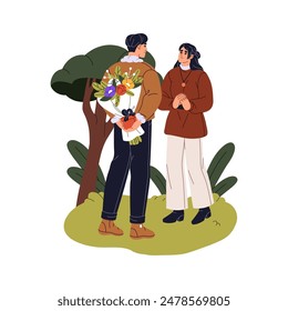 Boyfriend love girlfriend, hides flower bouquet behind back to present. Man with surprise proposal to girl. Couple with romantic gifts on St. Valentine Day. Flat isolated vector illustration on white