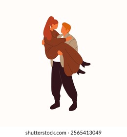 Boyfriend loves, carries his girlfriend. Cute romantic couple strolls together. Man holds beloved on hands during walk. Happy people are on date. Flat isolated vector illustration on white background