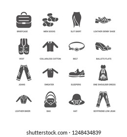 Boyfriend Low Jean, Collarless Cotton Shirt, Briefcase, Men Socks, One Shoulder Dress, Sleepers, Sweater, Hat icon 16 set EPS 10 vector format. Icons optimized for both large and small resolutions.