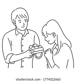 Boyfriend is making cake for his girlfriend. Cartoon vector design illustration