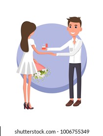 Boyfriend making proposal to girlfriend wearing white dress and holding bouquet, poster with happiness and good feelings vector illustration