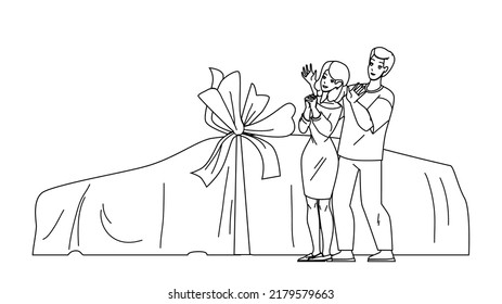 Boyfriend Present Girlfriend Car Surprise Vector. Man Presenting Woman Car Gift Decorated Festive Bow. Happy Characters Couple Won Automobile In Lottery Together black line illustration