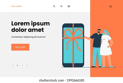 Boyfriend presenting smartphone gift girlfriend. Bearded male character giving phone with ribbon to his sweetheart. Woman smiling. gift , love concept for banner, website design or landing web page