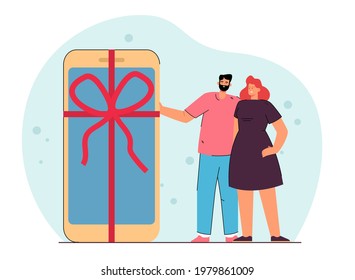 Boyfriend presenting smartphone to girlfriend. Bearded male character giving phone with red ribbon to his sweetheart. Woman smiling. gift , love concept for banner, website design or landing web page