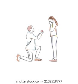 Boyfriend proposing her girlfriend to marrying him line art illustration