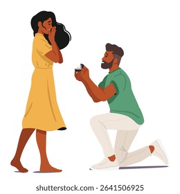 Boyfriend proposing his surprised girlfriend to marry him kneeling with golden engagement ring in box side view isolated on white. Romantic human relationship and marriage proposal vector illustration