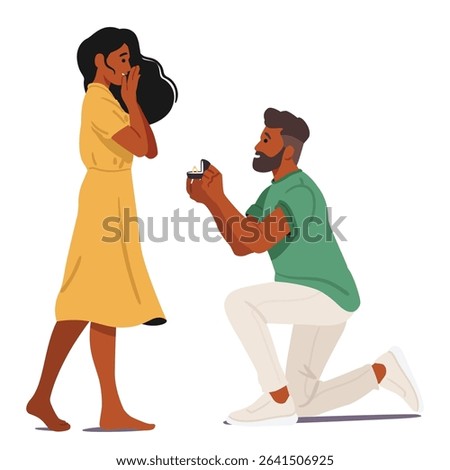 Boyfriend proposing his surprised girlfriend to marry him kneeling with golden engagement ring in box side view isolated on white. Romantic human relationship and marriage proposal vector illustration